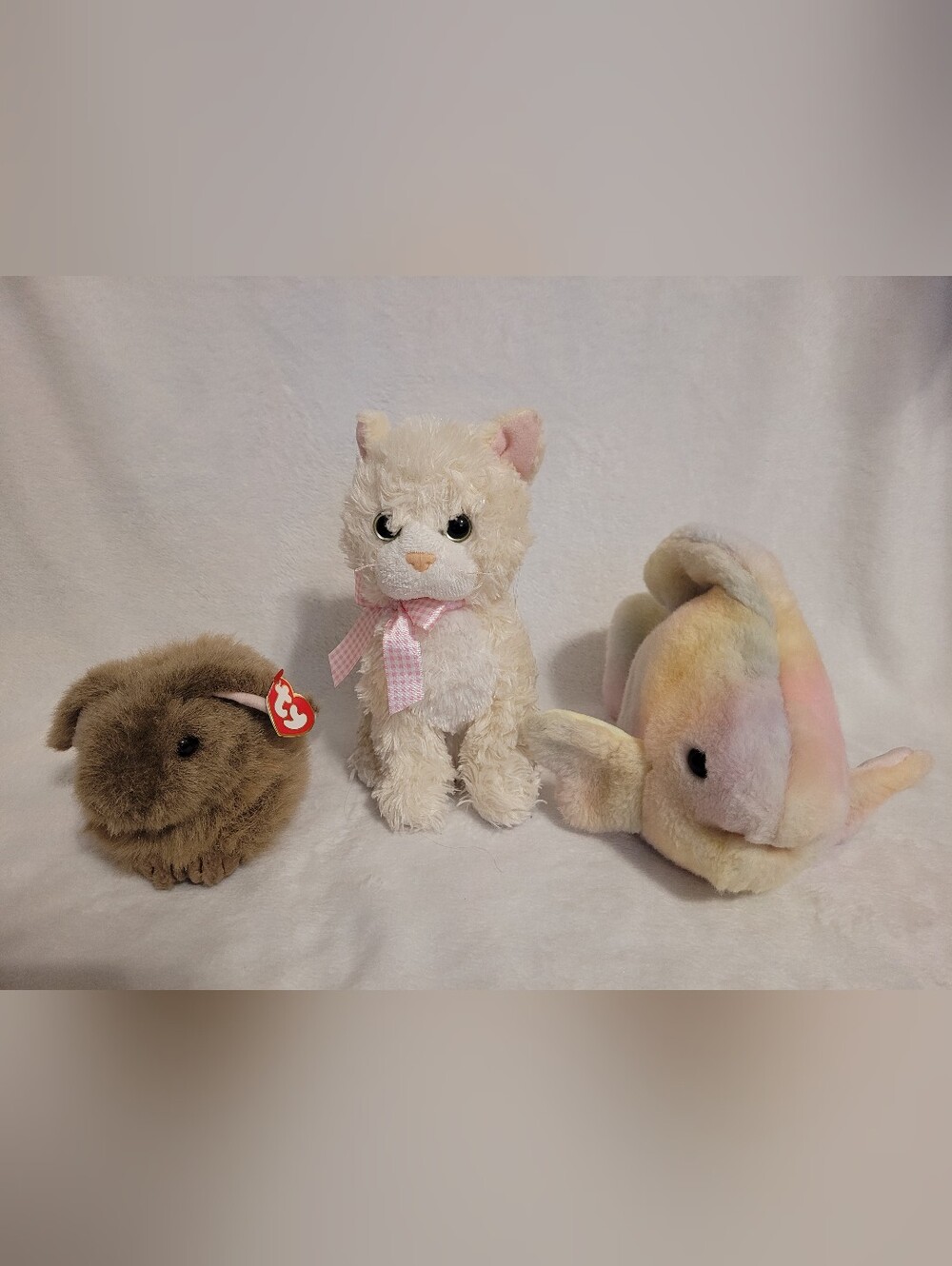 Lot Of 3 TY Stuffed Animals/Plushies - Brown Lop Bunny, Cream Cat, Tie Dye Fish